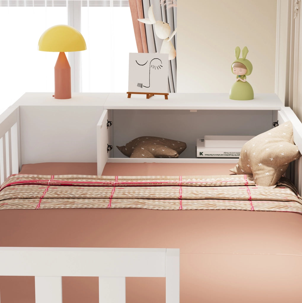 Letto a soppalco per bambini 90x200 cm con armadio; gradini contenitore e ripiani; bianco