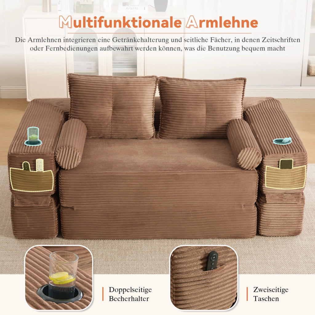 Divano letto pieghevole con portabicchieri tasche laterali e cuscini in memory foam in velluto a coste marrone