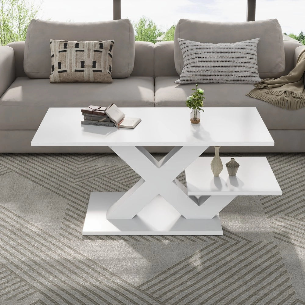 Tavolino da caff¨¨ rettangolare ¨C Minimal ¨C bianco lucido MDF gambe a X 100x48x45cm