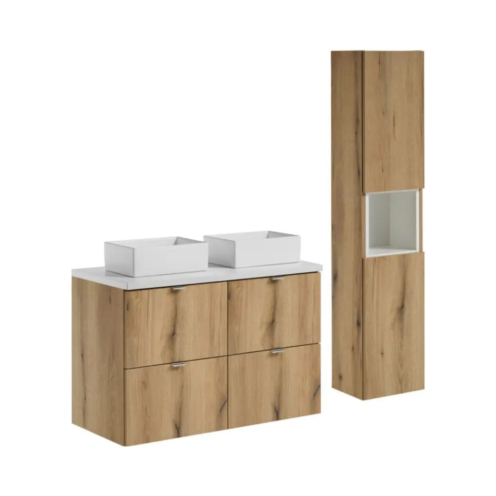 Set VANO quercia e bianco 130cm: mobile sotto lavabo con cassetti + piano per lavabo + lavabi rettangolari da appoggio + colonna
