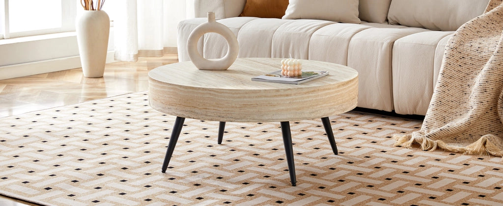 TAVOLINO DA CAFFÈ Rotondo 70 cm MDF effetto travertino chiaro, gambe nere