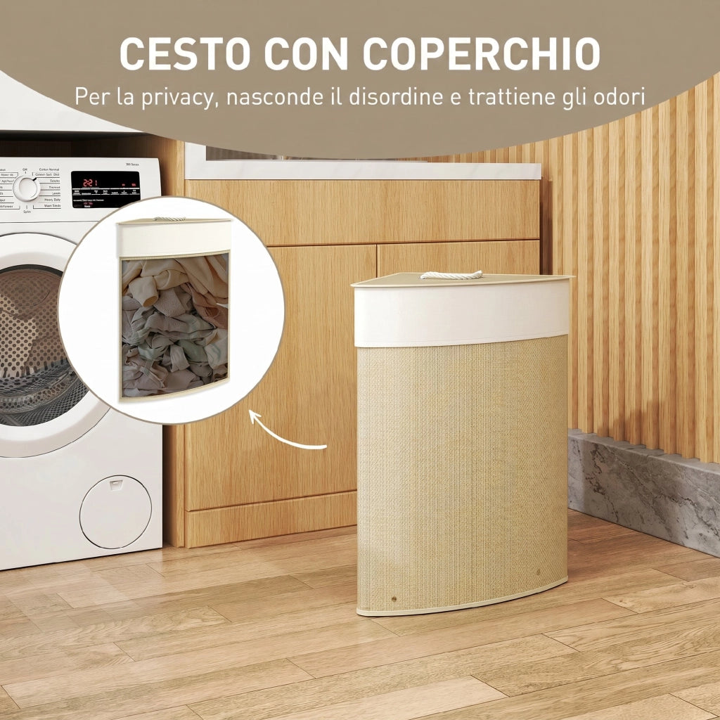 Cesto Portabiancheria Angolare 35x35x60 cm con Sacco Estraibile da 55L e Coperchio Removibile in Bambù