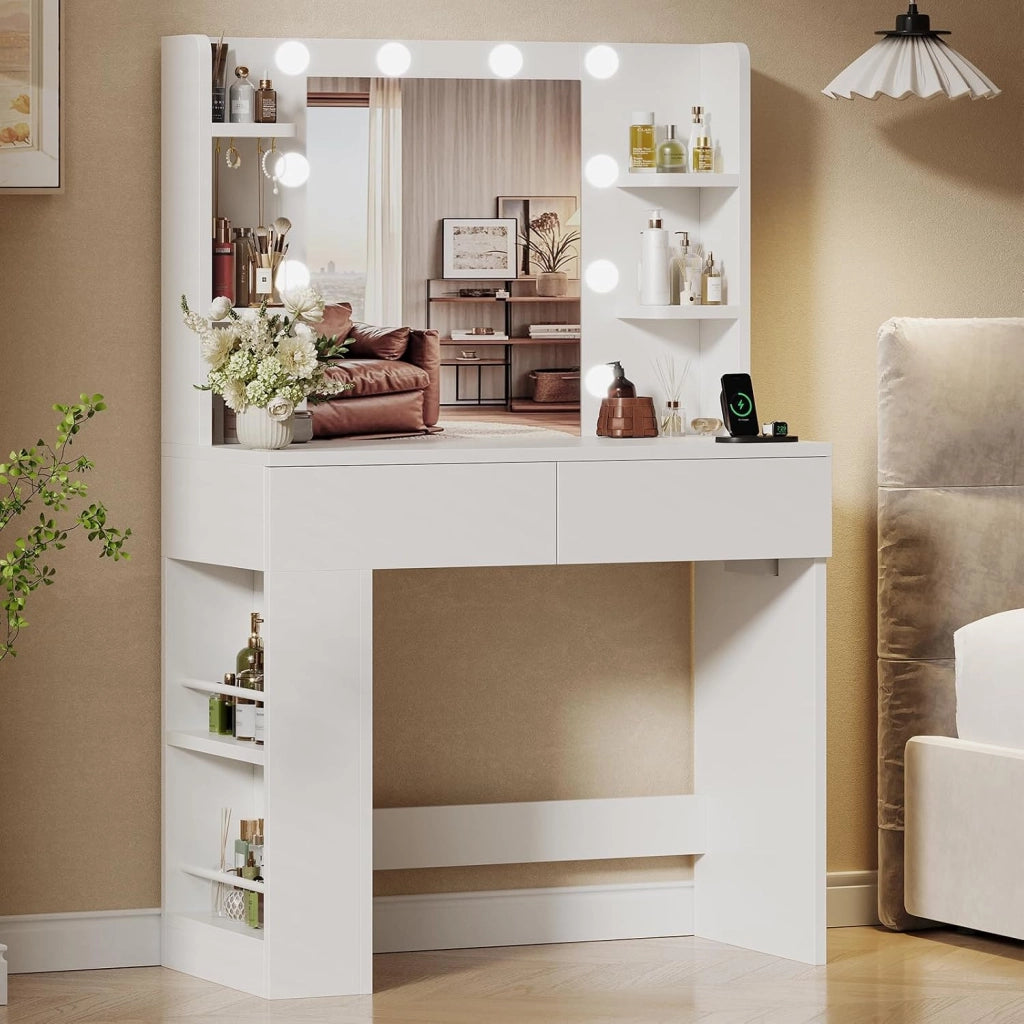 Tavolo da Trucco con Luci e Specchio, 55 x 45 cm, Comodino Moderno con Presa e Porte USB, 2 Cassetti e Scatola Laterale Regolabile, Mobile per il Make-up da Camera (Bianco)