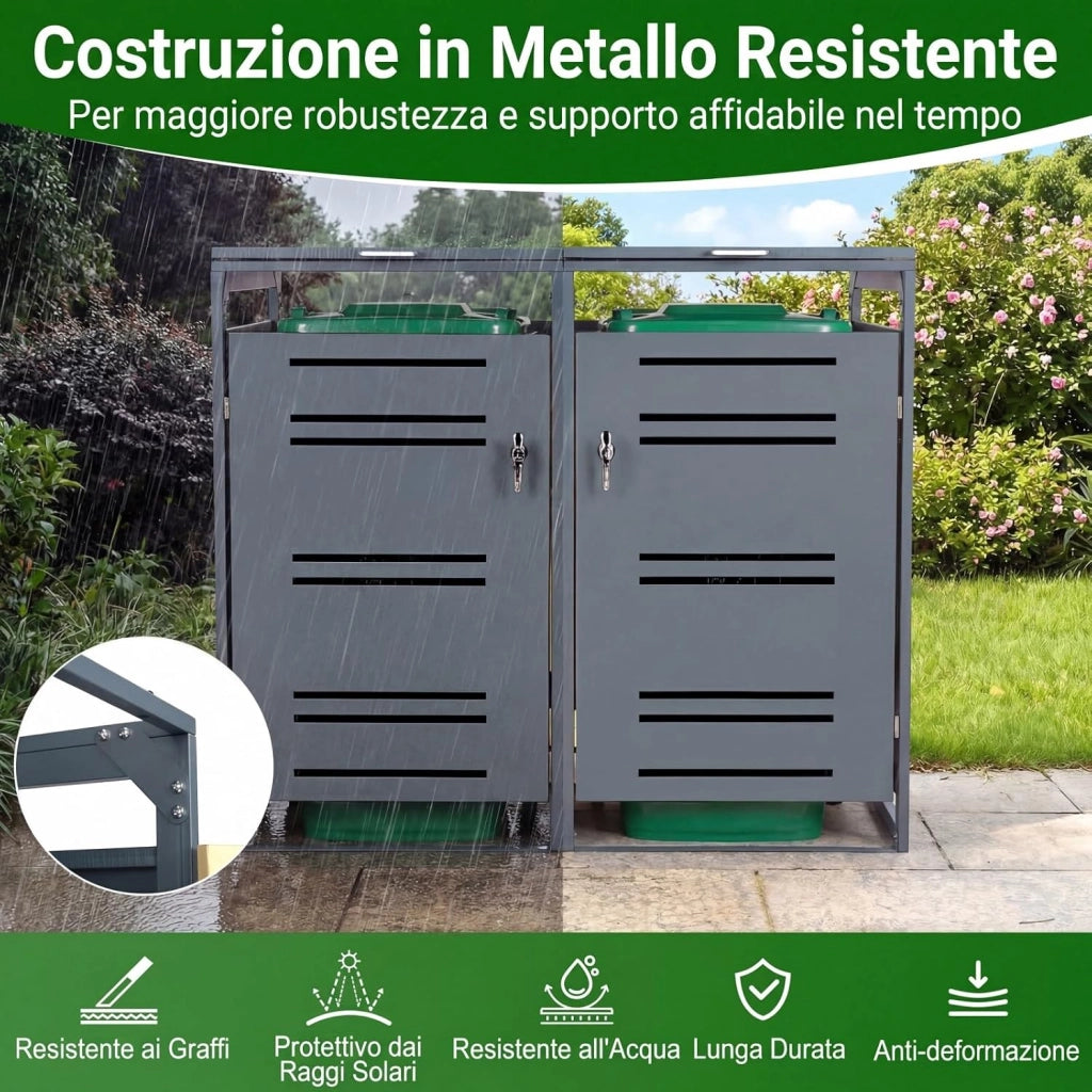 Copribidone Spazzatura Esterno 120-240L, Copribidone Doppio con Porte Blocchettabili con Chiavi, Maniglie e Corte, Casetta Pattumiera Differenziata da Patio, Cortile e Giardino (Grigio)