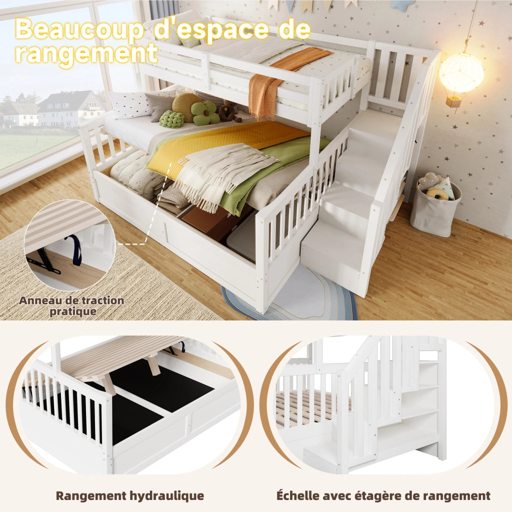 Letto a Castello 90x200 cm e 140x200 cm; Letto 2 Posti; con Contenitore; in Legno; Bianco