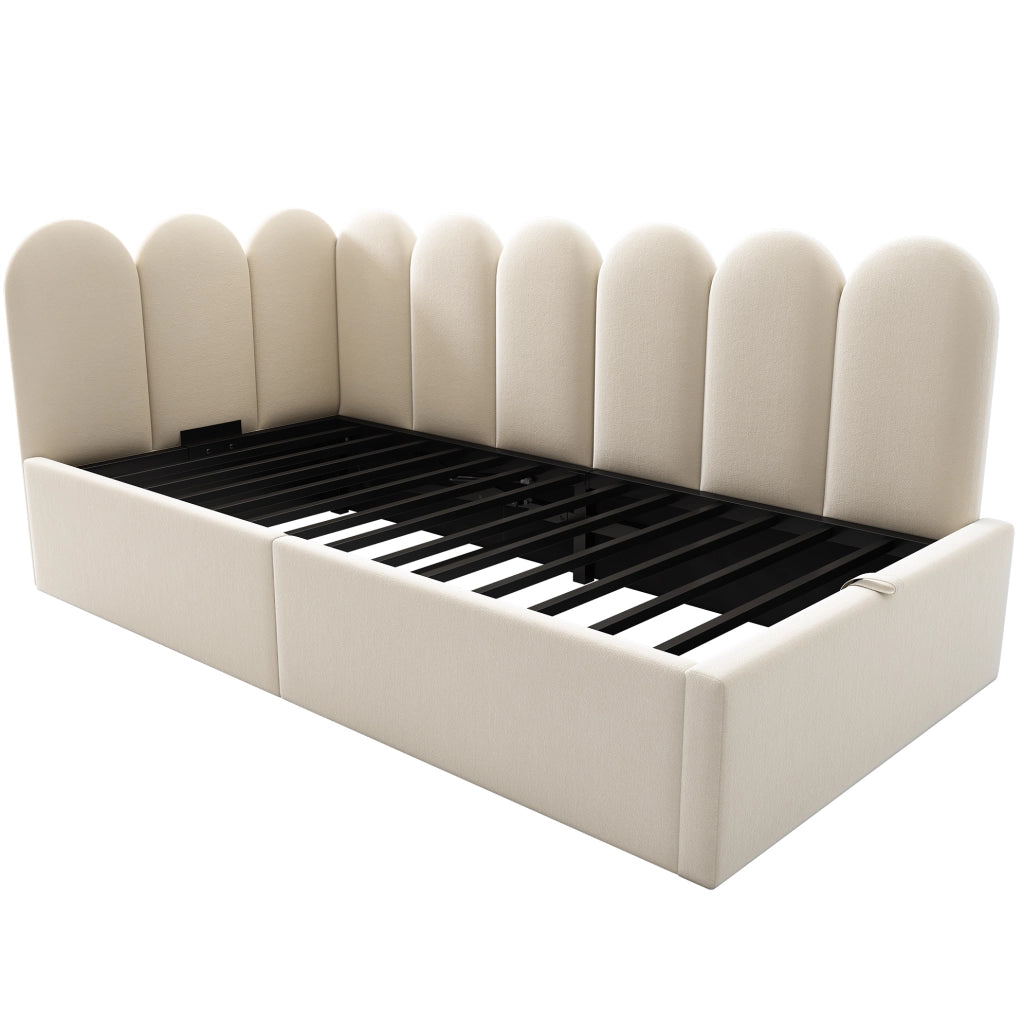 Divano letto 90x200 cm; contenitore idraulico; velluto beige (Senza materasso)