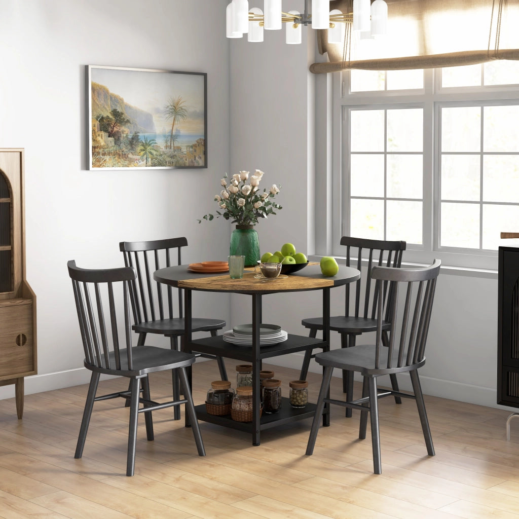Tavolo Stile Industriale per 4-6 Persone con 2 Ripiani Integrati, Tavolo Multiuso in Acciaio e MDF, ?100x76 cm, Nero e Marrone