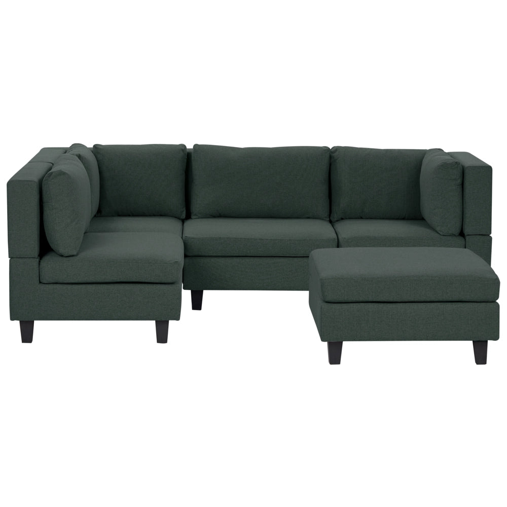 Divano componibile a 4 posti imbottito in tessuto verde scuro gambe nere lato destro con ottomana stile moderno