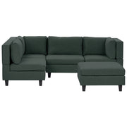 Divano componibile a 4 posti imbottito in tessuto verde scuro gambe nere lato destro con ottomana stile moderno