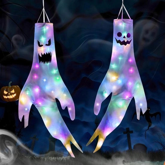 Decorazione di Halloween - Fantasmi volanti in vela con illuminazione LED - 2 pezzi - spirito pendente - orrore accattivante - bandiera di spirito per giardino - per esterno e interno - tema orrore per festa