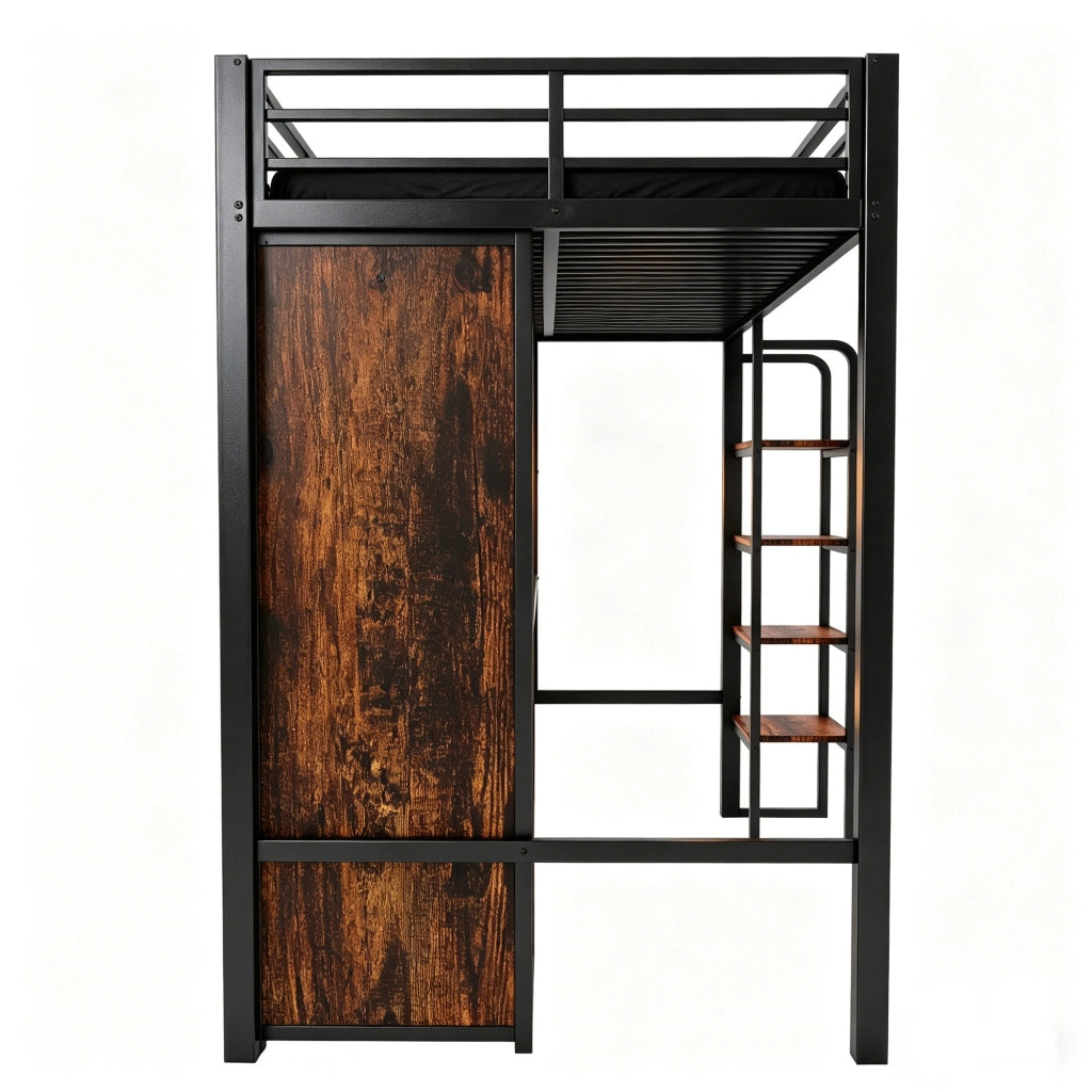 Letto a soppalco 90x200 cm con scrivania; armadio e LED in MDF e metallo nero