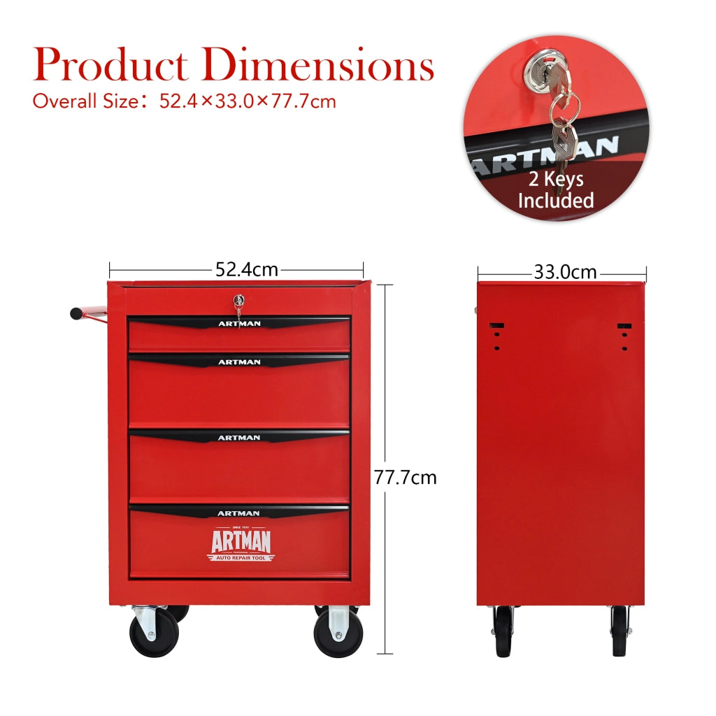 Carrello portautensili con 4 cassetti, 4 ruote e serratura, in acciaio, per garage e officina, rosso nero, 60 × 33 × 77.5 cm