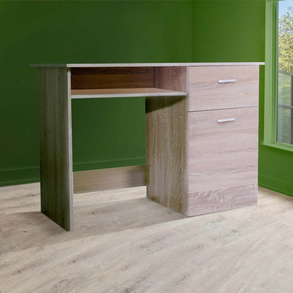 Sally - scrivania in legno di pino con 1 anta + 1 vano + 1 cassetto - 100x50x73 cm marrone