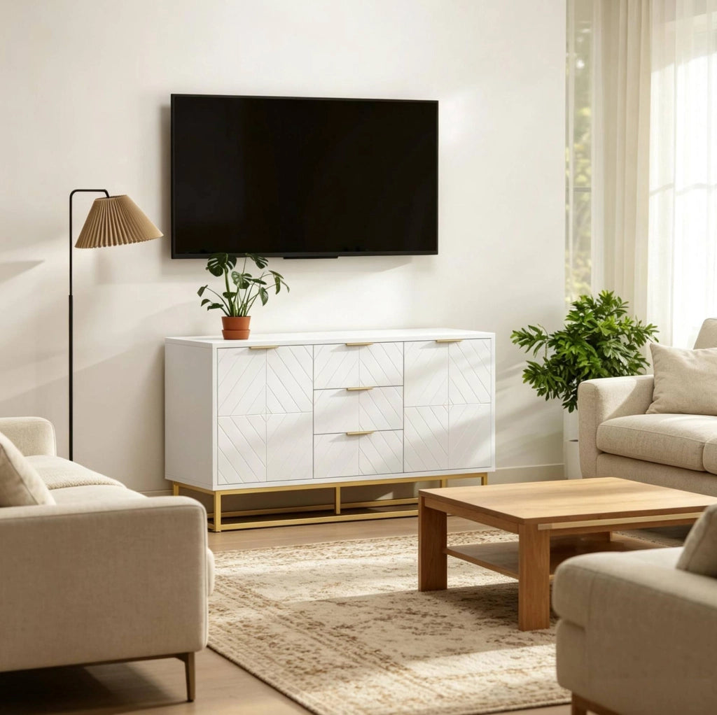 Credenza 120x40x76 cm in MDF e metallo bianco e oro, 2 ante 3 cassetti -