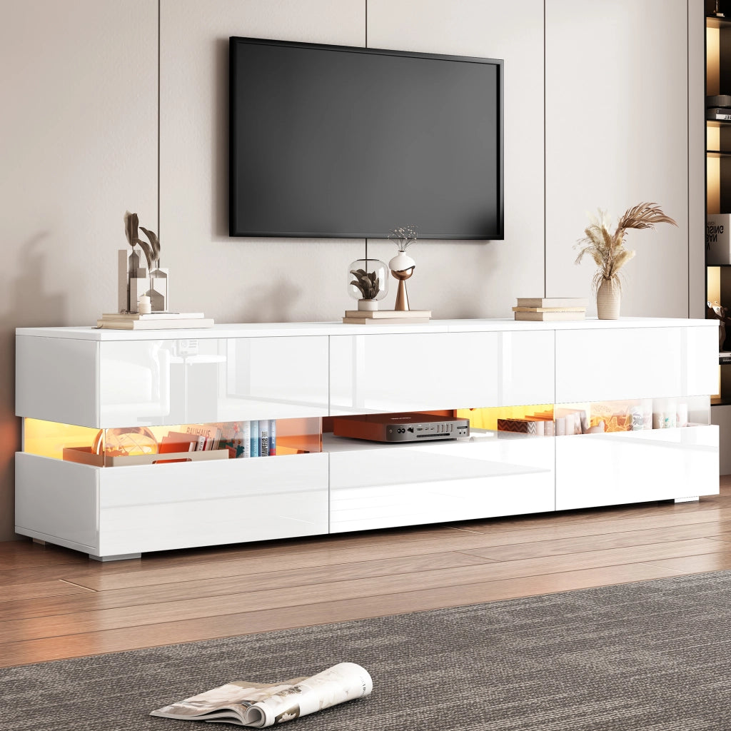Mobile TV moderno bianco a specchio - Zephmum - 160x39x45 cm, LED, 2 ante, cassetto, per TV 70 pollici