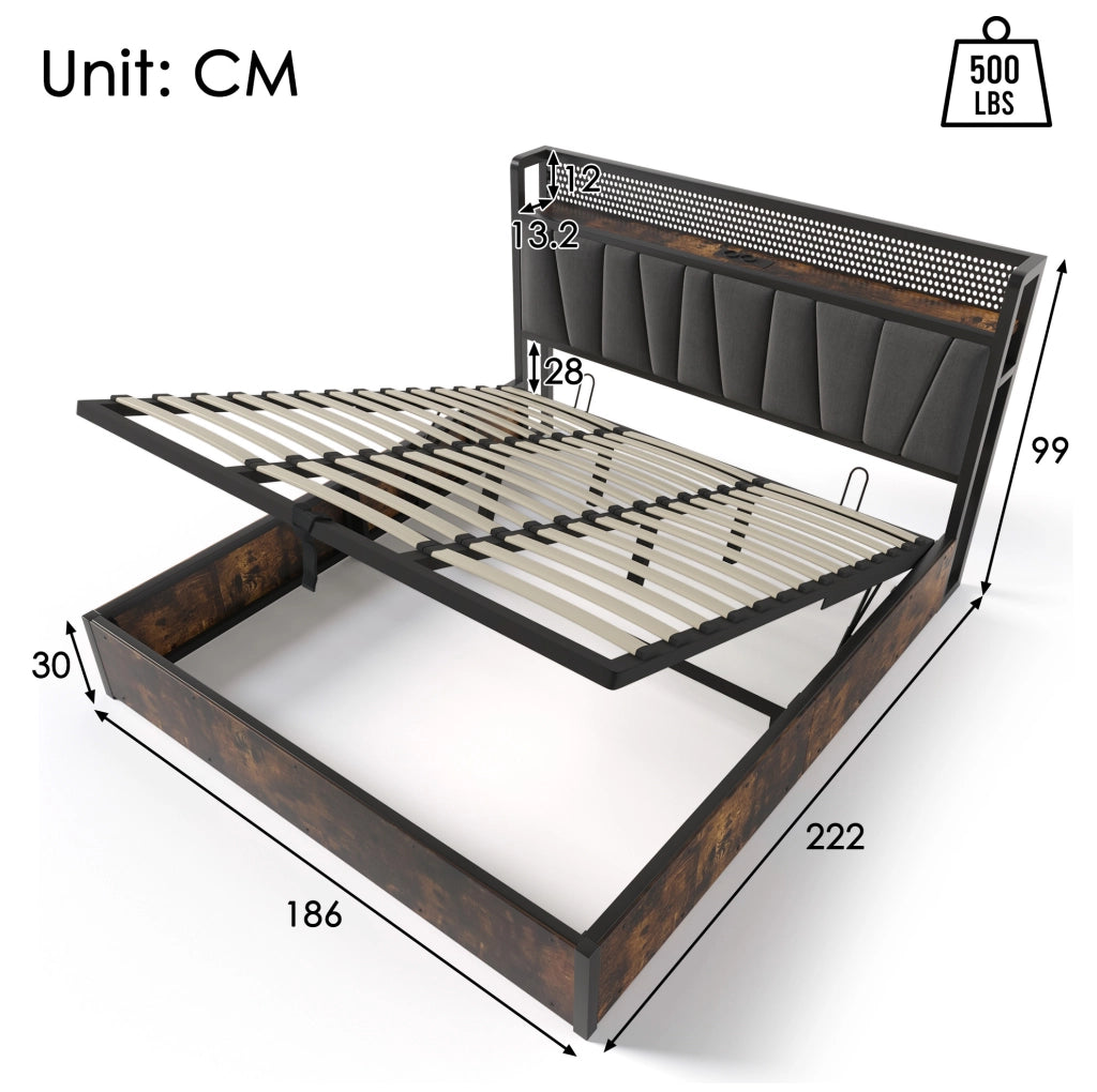Letto contenitore 180x200 cm grigio con LED RGBW, USB e prese