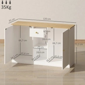 Credenza 120x35x75.2 cm con cassetto; 2 ante e 2 ripiani aperti bianca