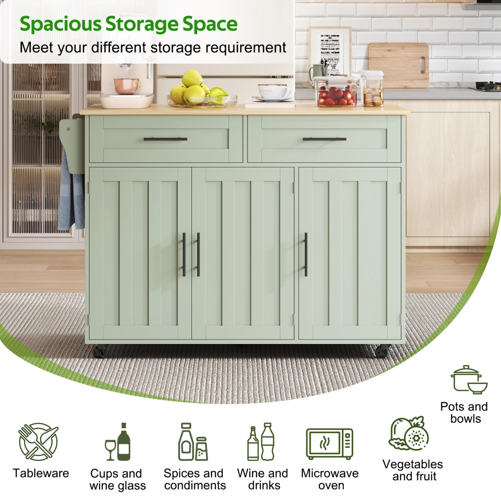 Carrello da cucina con piano ribaltabile 2 cassetti 3 vani ripiani regolabili e portasciugamani in MDF verde antico