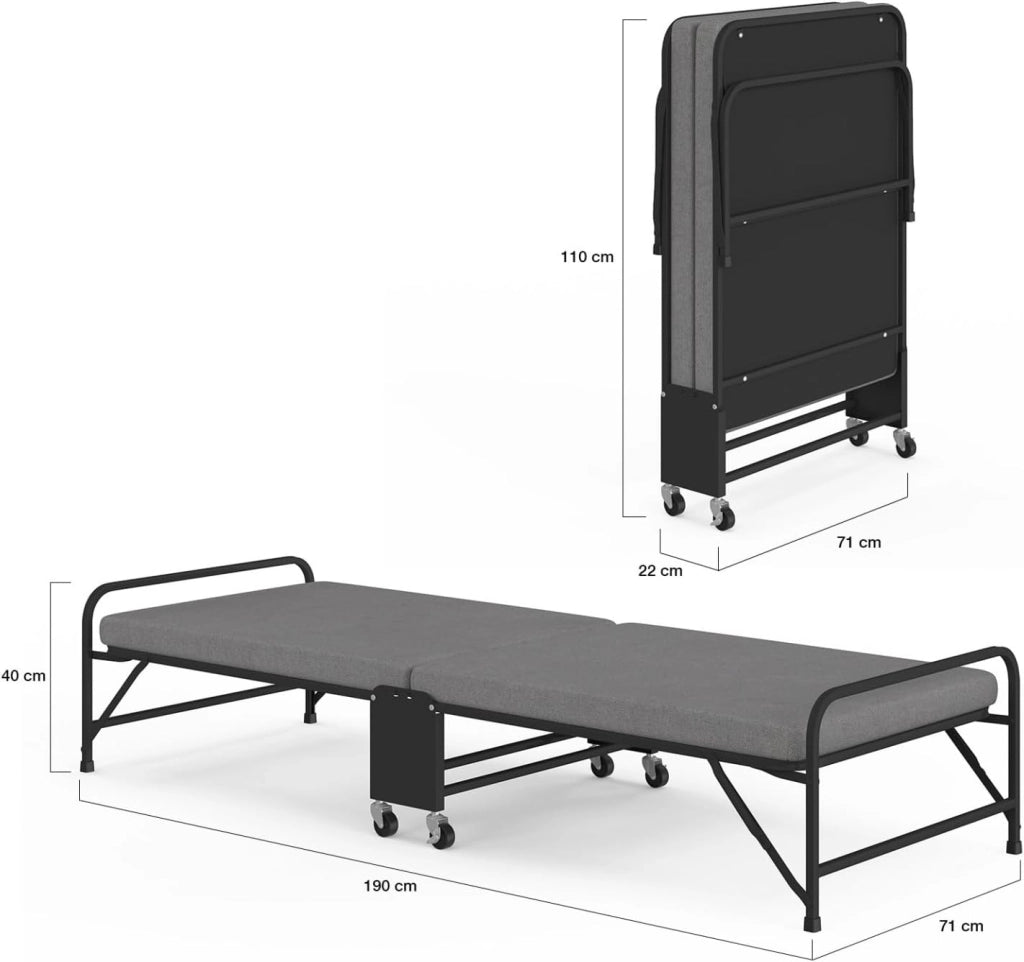 Letto pieghevole singolo in metallo ZAK con rete e materasso 70x190 cm grigio e nero