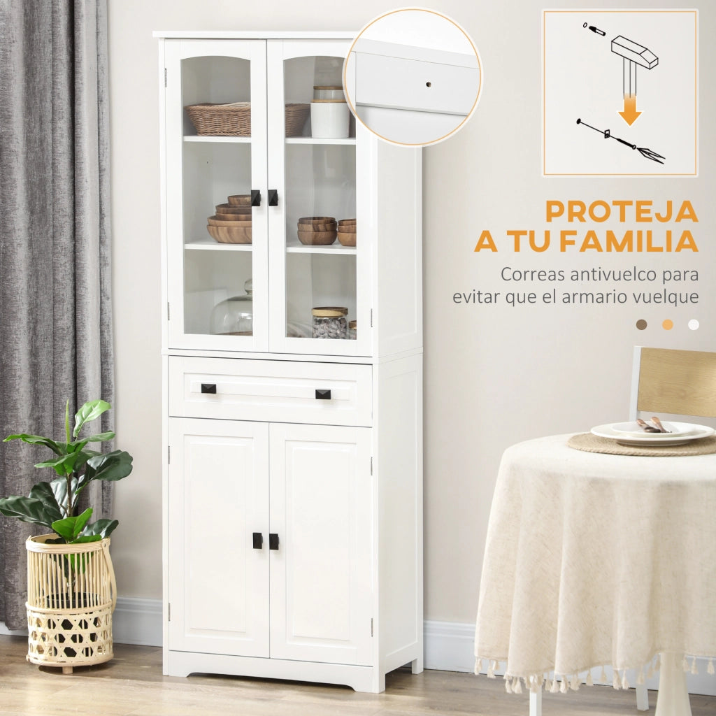 Armadio da Cucina con Ante a Vetro e Cassetto ¨C Zephmum ¨C Bianco 60x30x160 cm