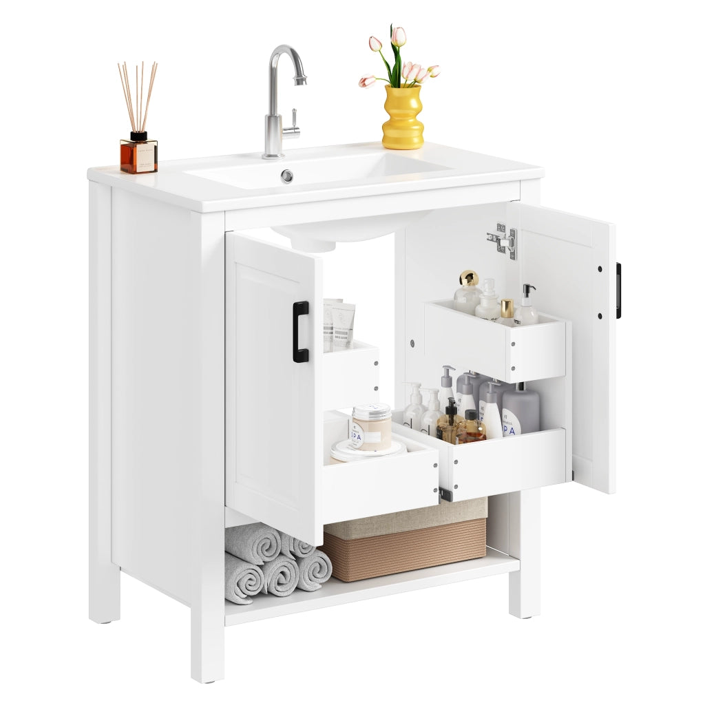Mobile lavabo freestanding 76,5 x 47 x 83 cm con doppia anta, lavabo in ceramica integrato e vani aperti, bianco
