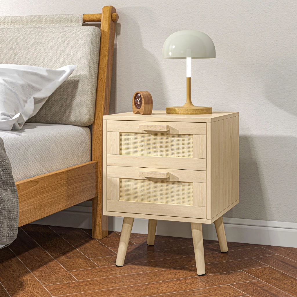 Set 2 Comodini con 2 Cassetti 40x40x56 cm in Legno e Rattan Naturale