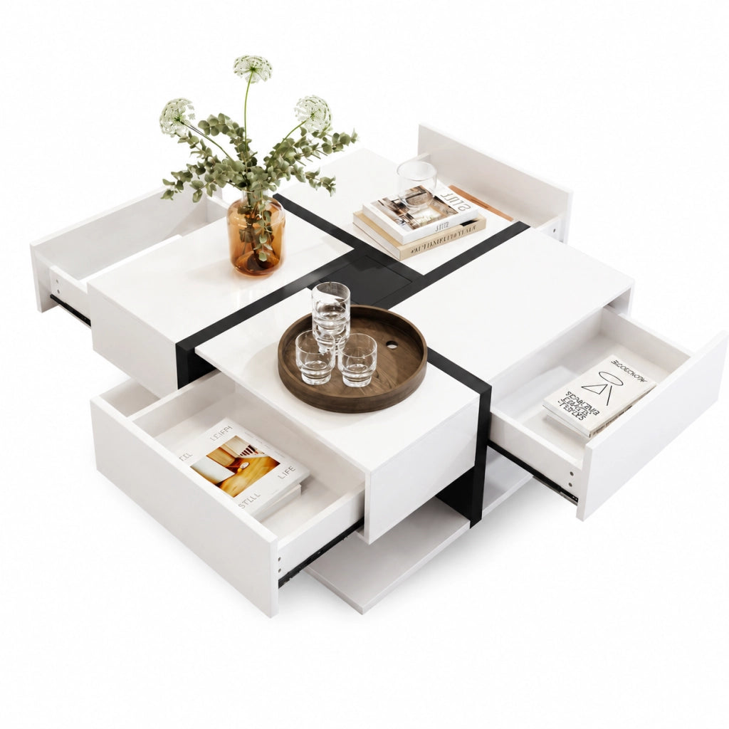 Tavolino da caffè 78x78x36 cm; 4 cassetti e ripiano inferiore; pannello truciolare bianco