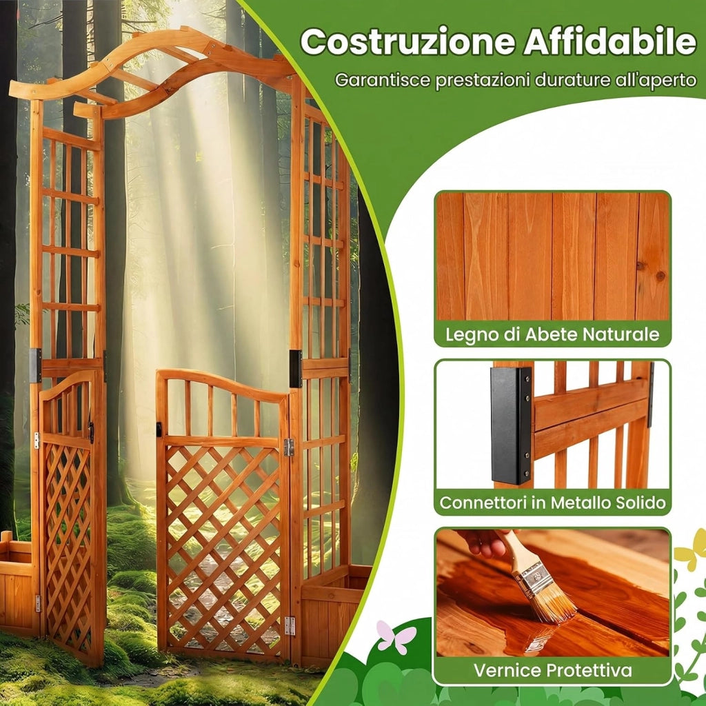 Arco da Giardino con Fioriere, Letto da Giardino Rialzato con Traliccio, Tetto, Fori di Drenaggio, Fondo Rimovibile e Cancelli Chiudibili, Pergolato da Esterno in Legno per Feste e Matrinomio