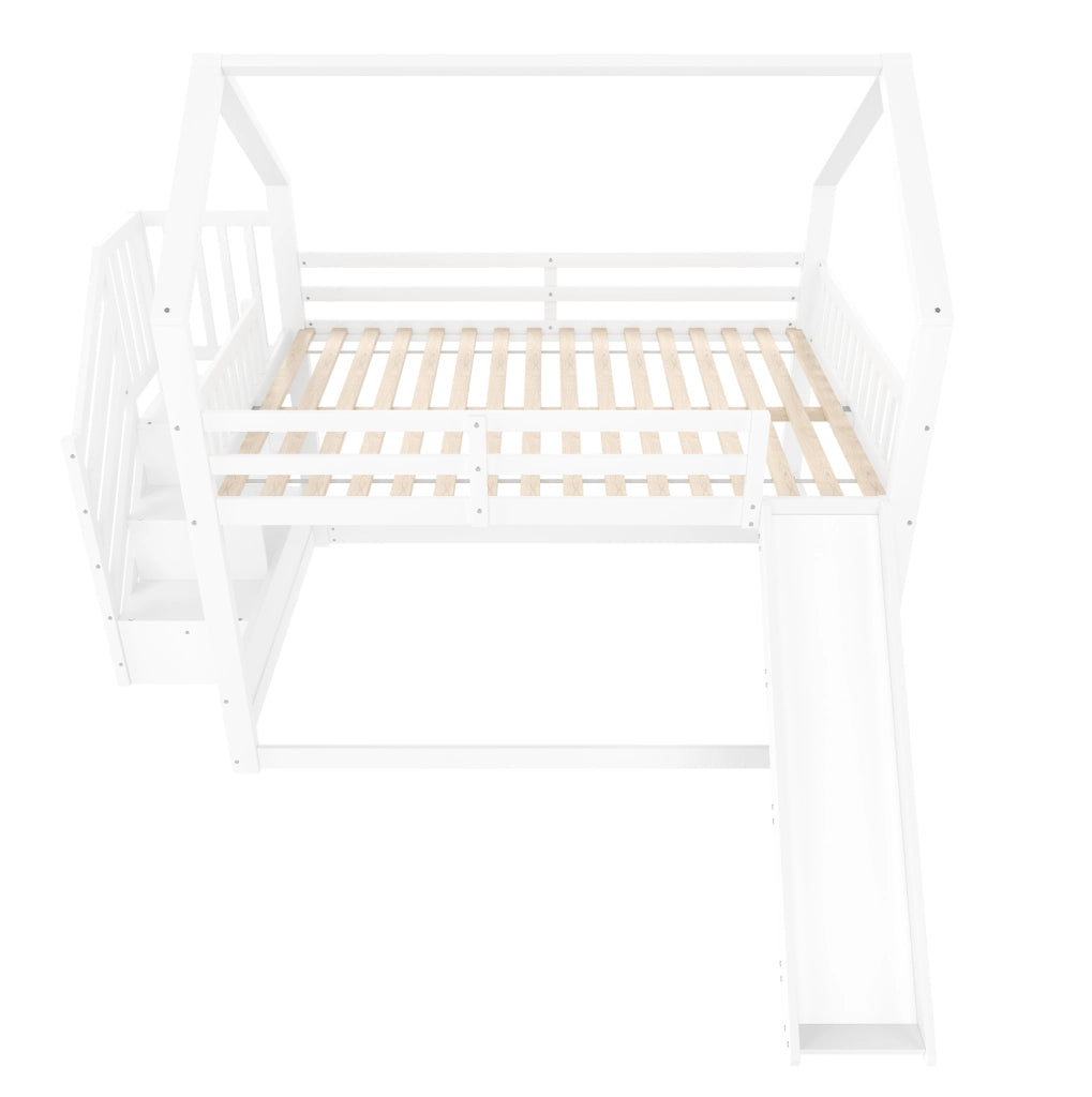 Letto a castello 140x200 cm con scala contenitore e scivolo; in legno di pino; bianco (Senza materasso)