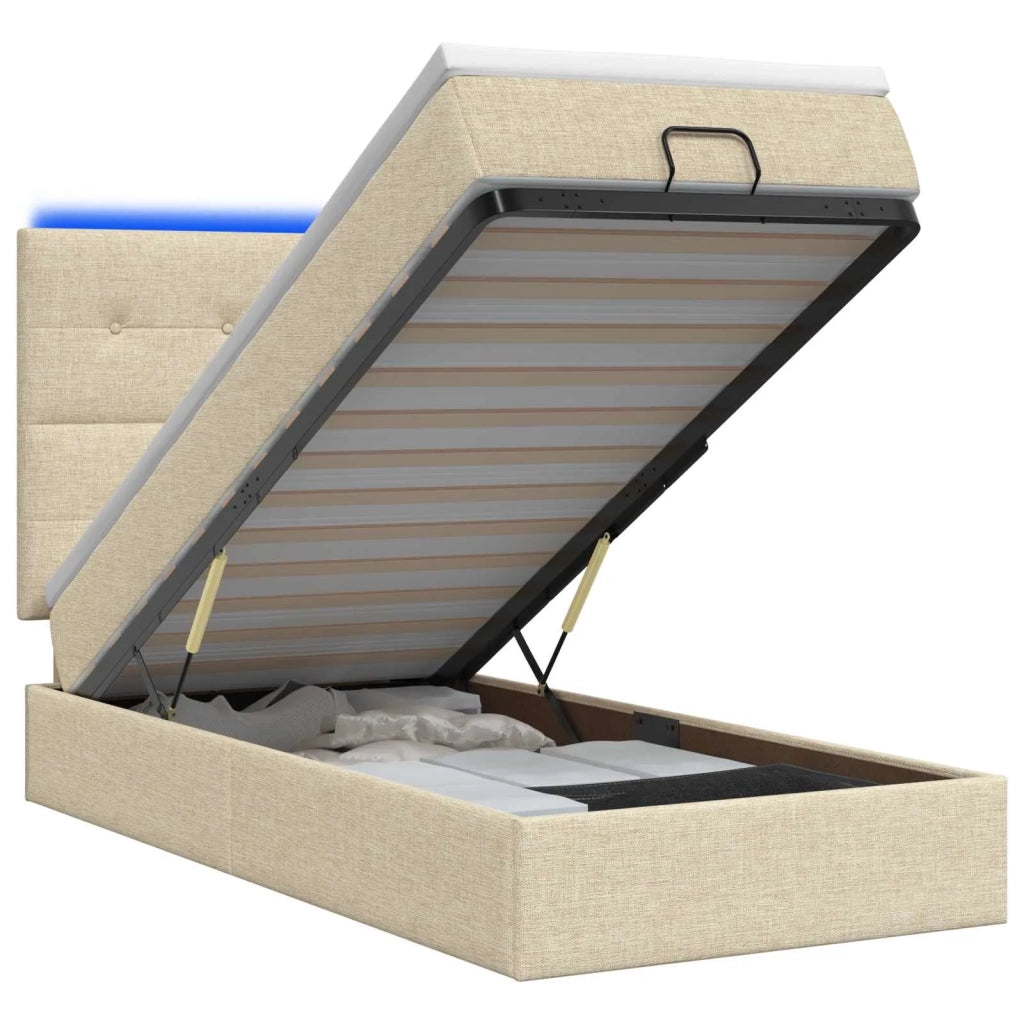 Letto Ottomano con Materasso e LED Crema 100 x 200 cm Tessuto 3458053