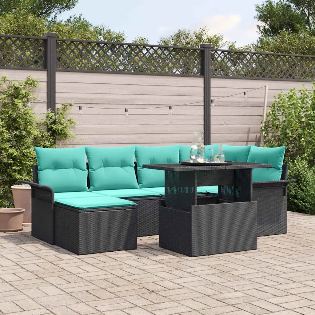 Set Divano da Giardino con cuscino 7 pcs Nero Poly Rattan