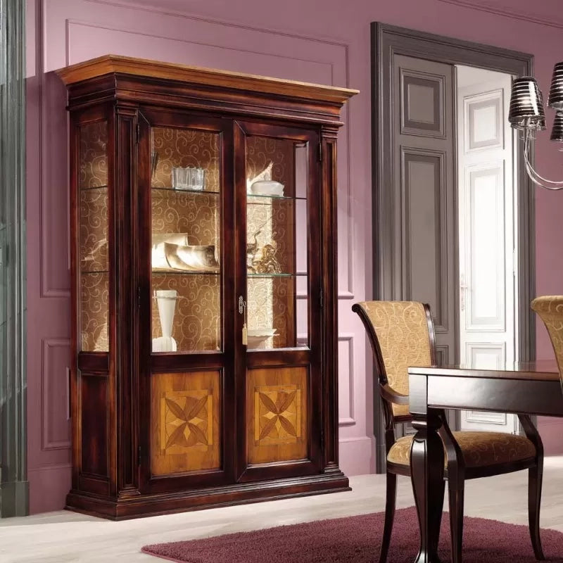 Vetrina 2 porte intarsio quadrifoglio legno shabby bicolore 152x55x214 - Mobili 2G