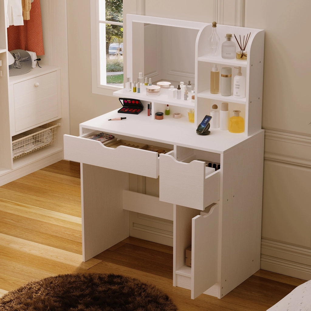 Moderna toeletta bianca con cassetti e specchio in stile scandinavo