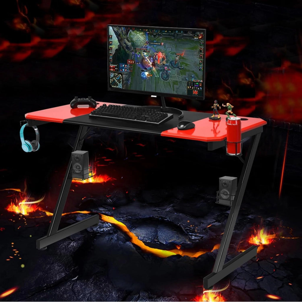 Scrivania da Gaming, Scrivania per Computer Ergonomico, con Porta Bicchiere, Gancio per Cuffie, Superficie in Fibra di Carbonio e Supporti Audio, 120 x 60 x 77 cm