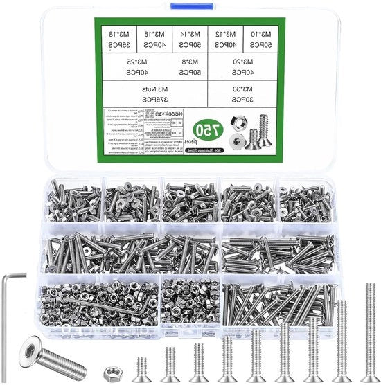 Set di Viti a Cilindro Premium 750 pezzi con Viti a 6 facce e Dadi - Set di Viti in Acciaio Inossidabile per Macchine e Cilindri