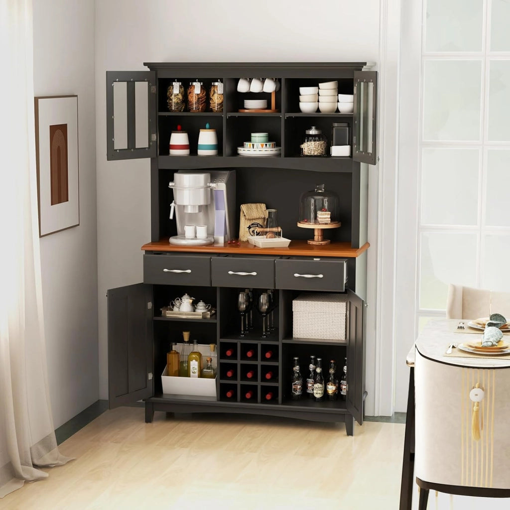 Credenza Alta da Cucina, Armadietto Dispensa con 3 Cassetti e 4 Armadi a Ante e Portabottiglie per 9 Bottiglie, Mobile Buffet per Soggiorno, Sala da Pranzo, 112 x 43 x 184,5 cm (Nero)