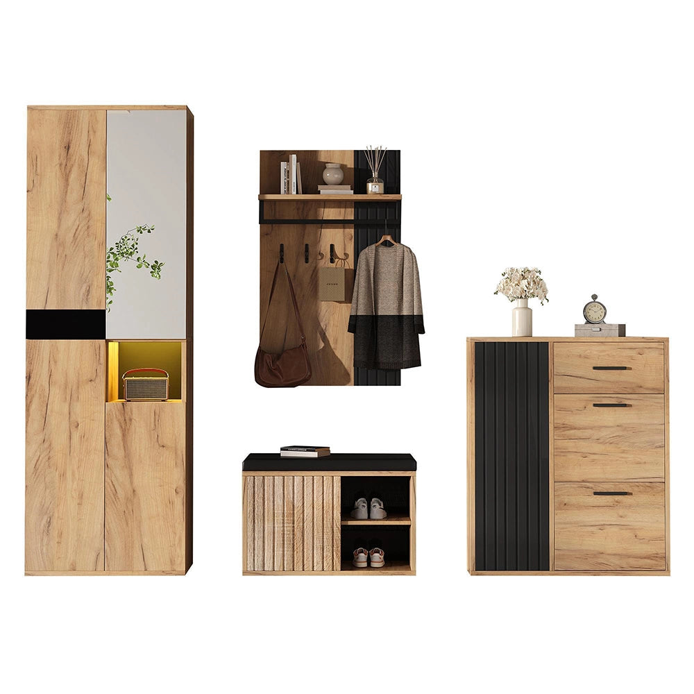 Set vestiario a muro 4 pezzi - Xylo - armadio, scarpiere, panchina, appendiabiti, 215x36x190 cm, naturale e nero