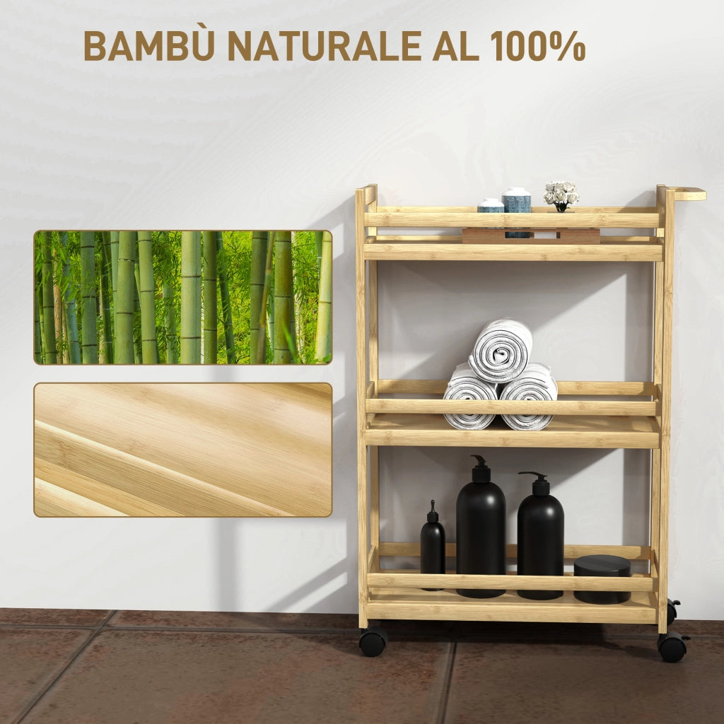 Carrello Portaoggetti per Bagno a 3 Livelli in Bamb¨´, 55x20x75 cm, color Legno