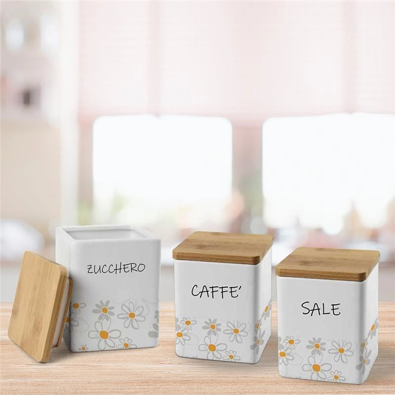 TRIS QUADRATO DAISY SALE,  ZUCCHERO E CAFFÈ IN CERAMICA CON TAPPO IN LEGNO 10X13 CM