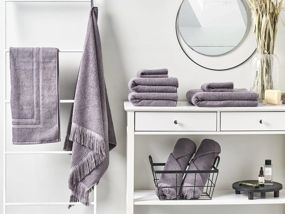 Set di 9 asciugamani bagno in spugna di cotone beige con nappe decorative