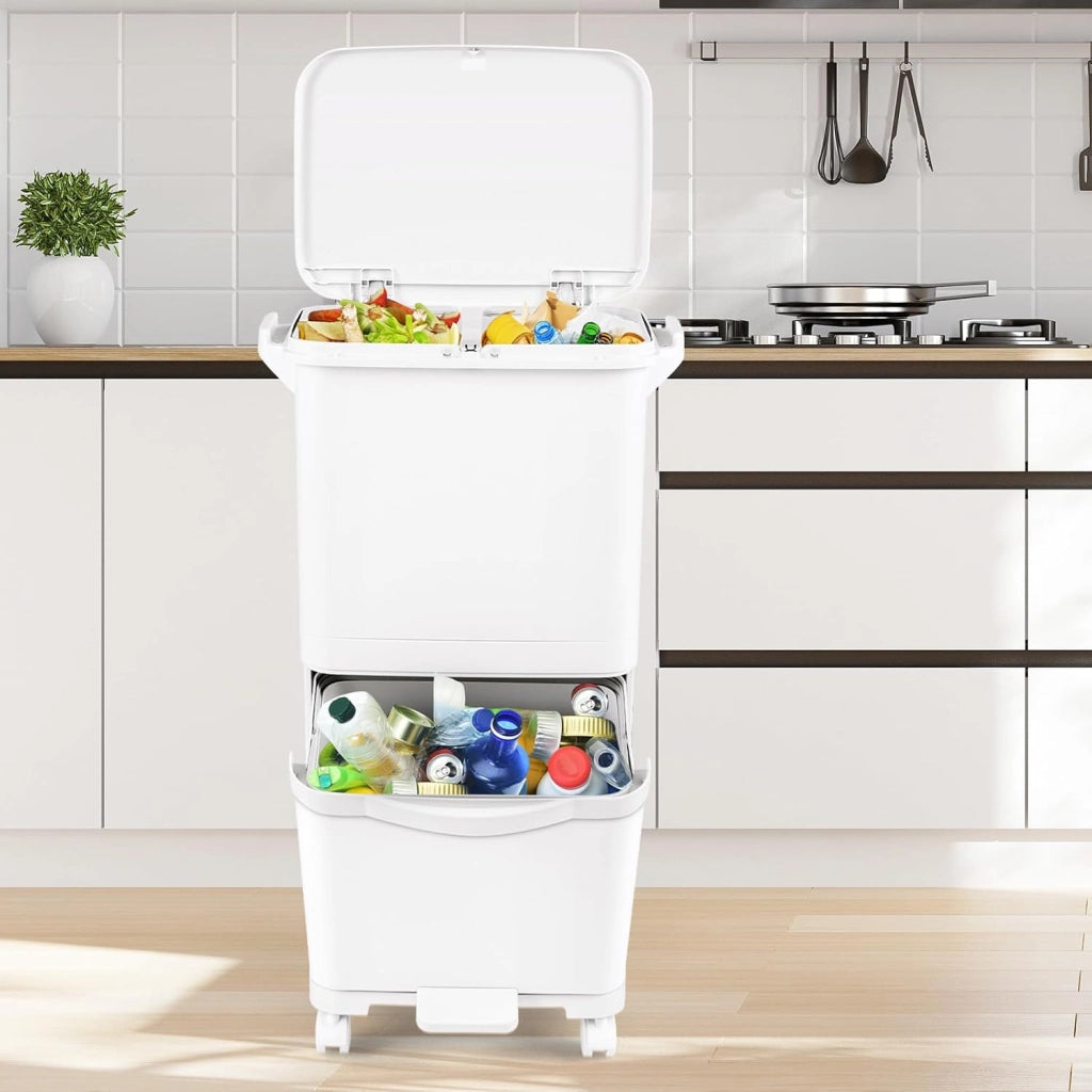 Pattumiera 2 Scomparti 40L, con Pedale, Ruote e Coperchio, Contenitore per Rifiuti Inclinabile, Sistema di Raccolta Differenziata per Cucina (40 L)