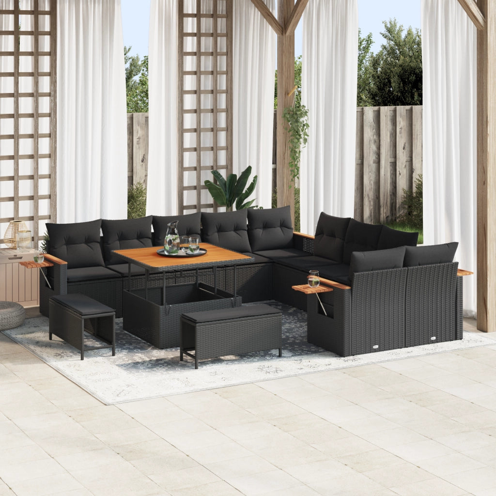 Set di Divani da Giardino 13 Pezzi con Cuscini Nero Polyrattan Acacia