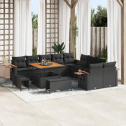 Set di Divani da Giardino 13 Pezzi con Cuscini Nero Polyrattan Acacia