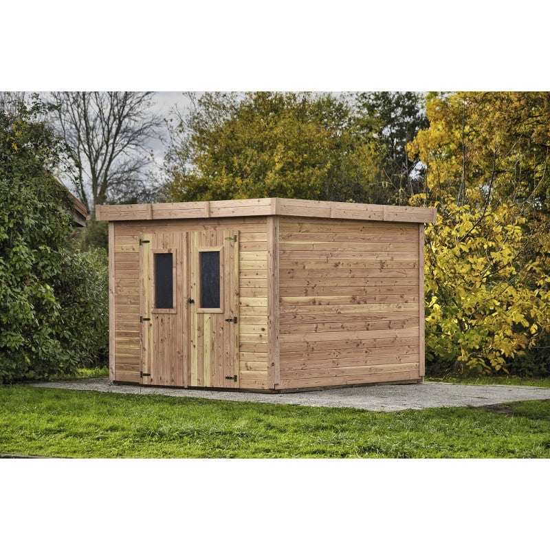 Casetta da giardino in legno 280x280 cm – Spessore pareti 28 mm – Tetto piano in acciaio – DIN3030.02 Foresta