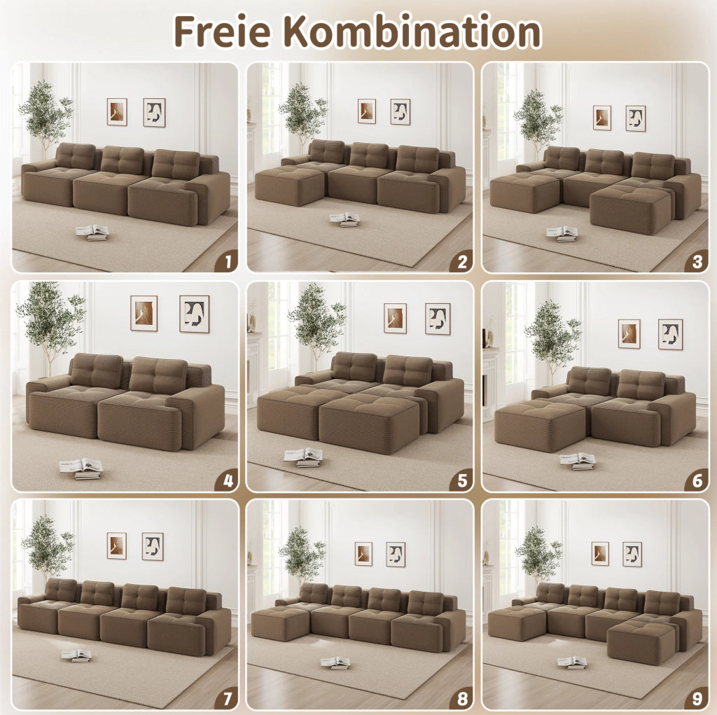 Divano modulare 4 posti con chaise longue a L 382x177x69 cm in corduroy marrone