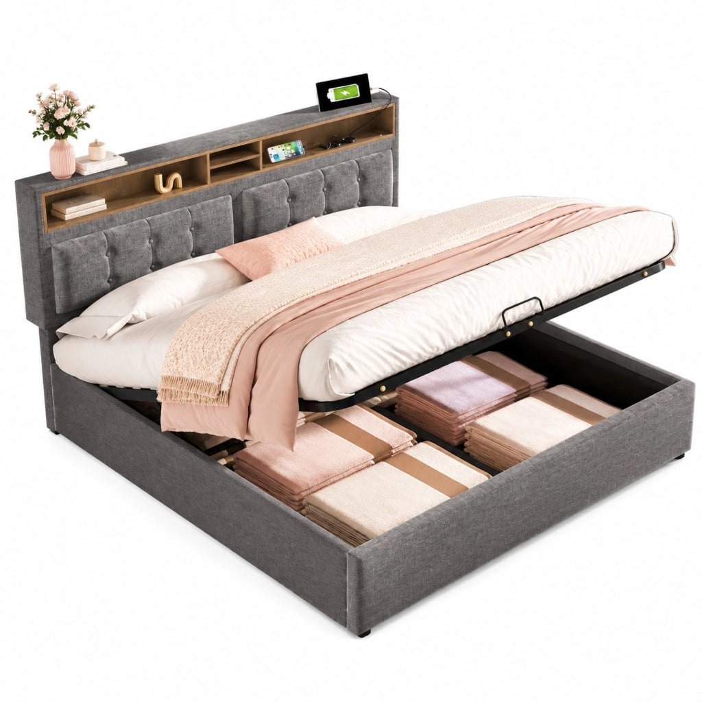 Letto imbottito 160x200 cm con contenitore, prese USB e USB-C in lino grigio