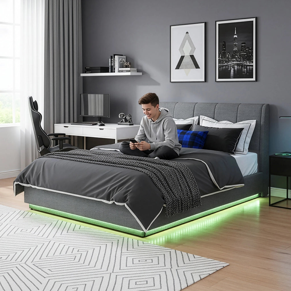 Letto Contenitore Tröstiar con Apertura a Ribalta e Luce LED Letto Francese 140x200 cm Antracite [en.casa]