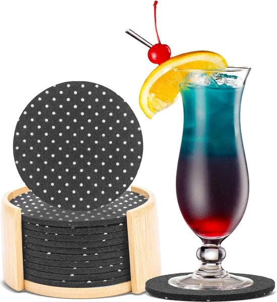 Sostegni in velluto per bicchieri in grigio, set di 10 sostegni in velluto per bicchieri grigio, Ø11cm, con scatola in bambù, lavabili e con superficie antiscivolo.