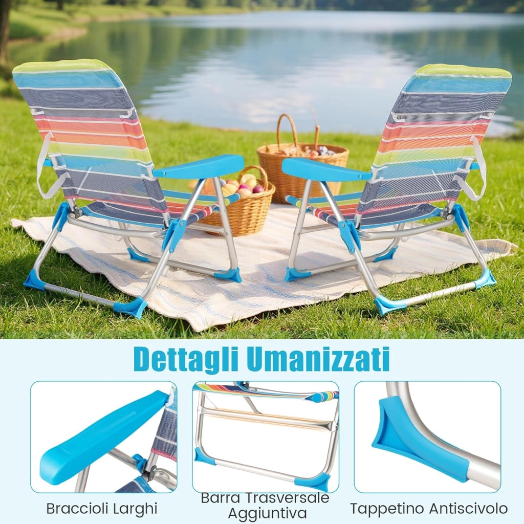 Set di 2 Sedie da Spiaggia, Sedia da Picnic Pieghevole con Braccioli, Schienale Regolabile a 4 Posizioni, Poltrona da in Alluminio Portatile per Pesca, Campeggio (64 cm x 64 cm x 83 cm)