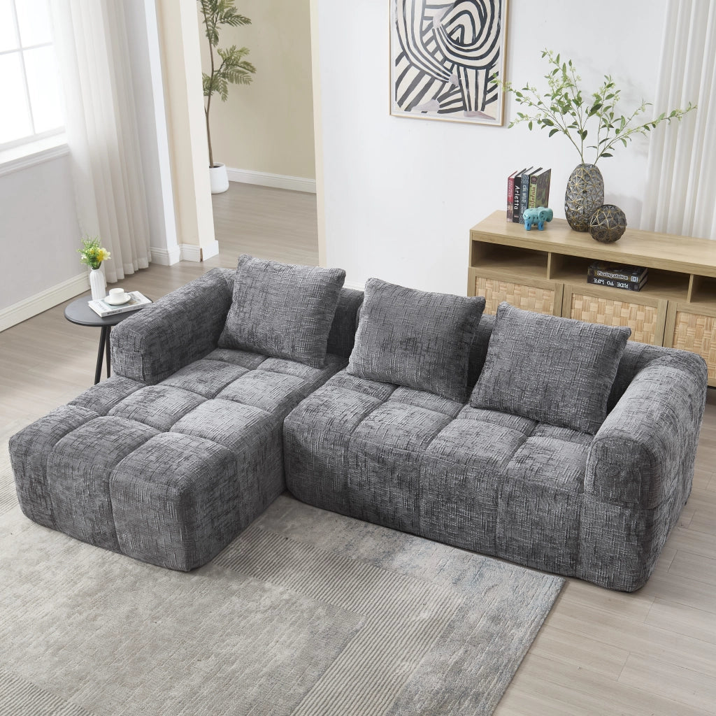 DIVANO angolare 250x158x60 cm in chenille grigio, con chaise longue e tasche laterali